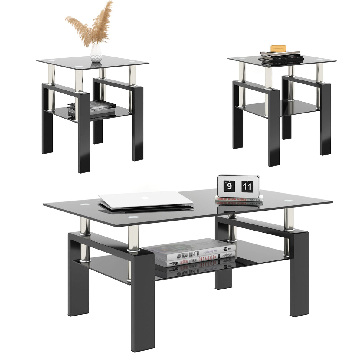 Set of 2, Modern Tempered Glass Tea Table, Coffee Table