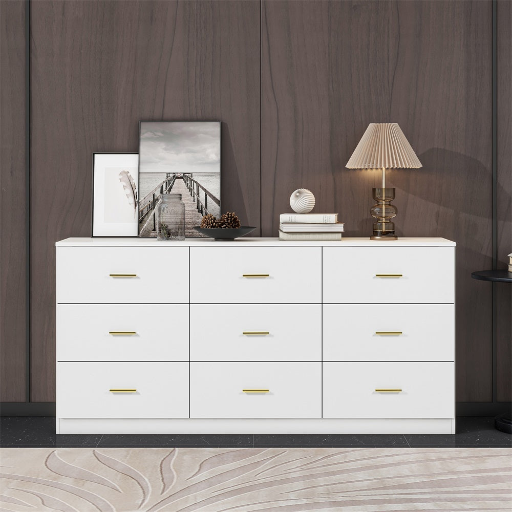Modern White 9-Drawer Dresser for Bedroom - Ample Storage Wide Chest of Drawers