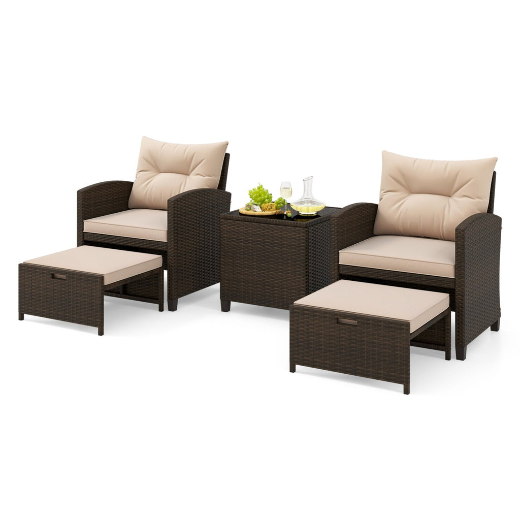 5 Pieces Patio Rattan Furniture, 2 Ottomans, Tempered Glass Coffee Table