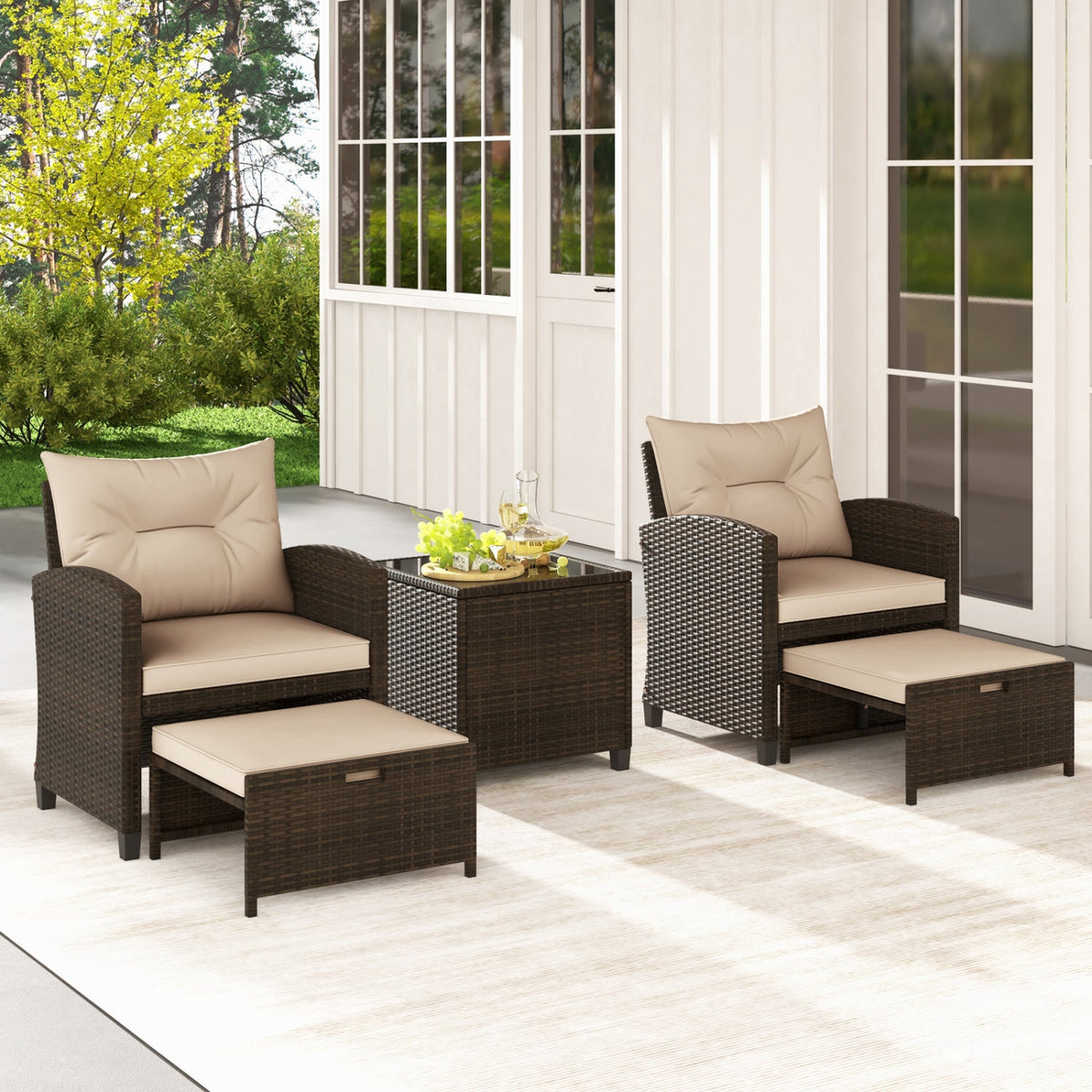 5 Pieces Patio Rattan Furniture, 2 Ottomans, Tempered Glass Coffee Table