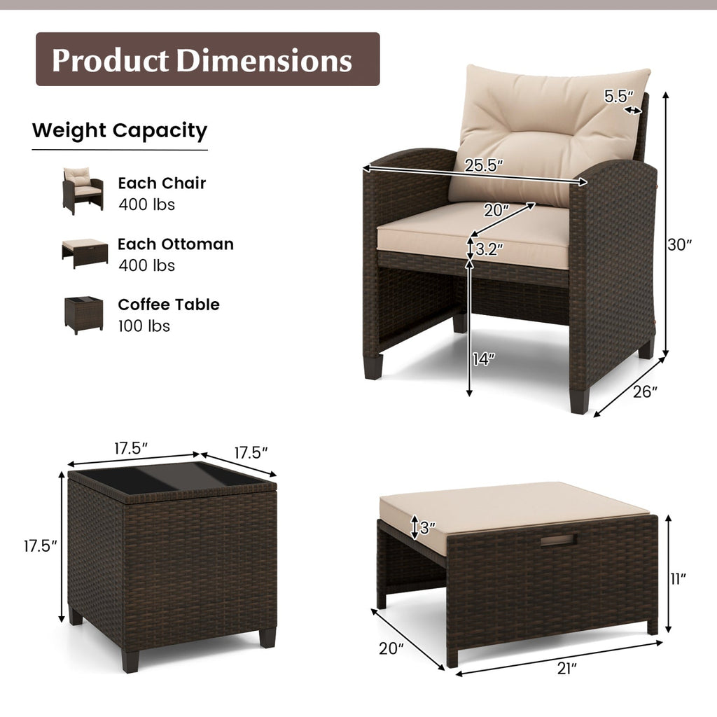 5 Pieces Patio Rattan Furniture, 2 Ottomans, Tempered Glass Coffee Table