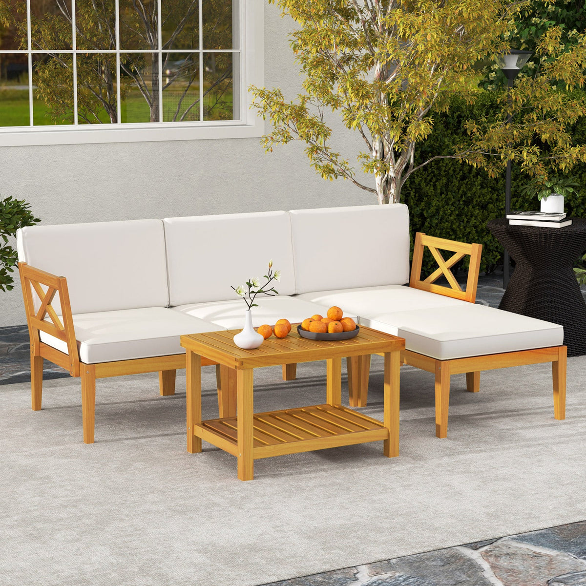 5 Pieces Acacia Wood Patio Set with 2-Tier Coffee Table and Cushions