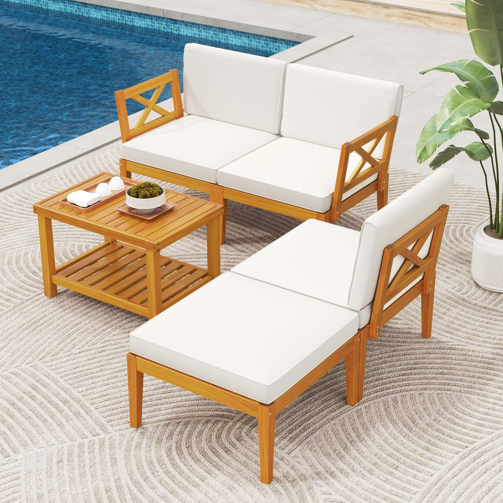 5 Pieces Acacia Wood Patio Set with 2-Tier Coffee Table and Cushions