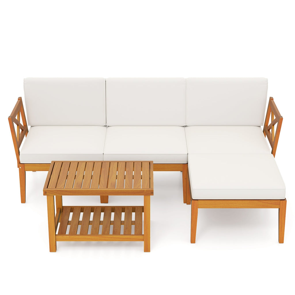 5 Pieces Acacia Wood Patio Set with 2-Tier Coffee Table and Cushions