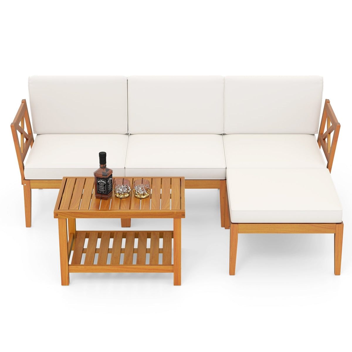5 Pieces Acacia Wood Patio Set with 2-Tier Coffee Table and Cushions