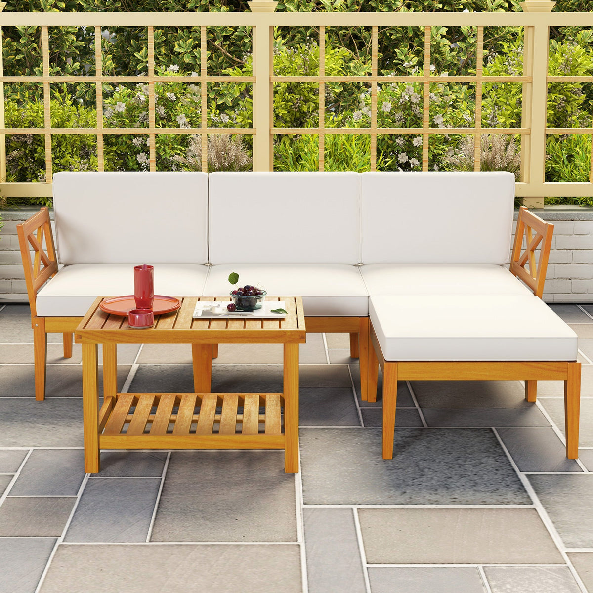 5 Pieces Acacia Wood Patio Set with 2-Tier Coffee Table and Cushions