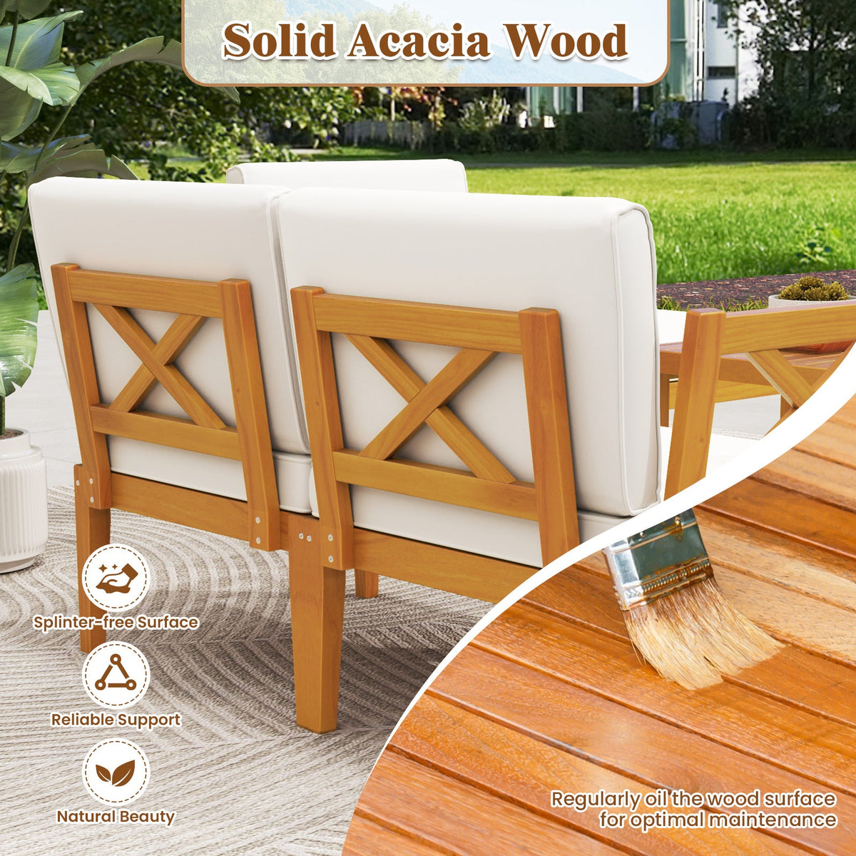 5 Pieces Acacia Wood Patio Set with 2-Tier Coffee Table and Cushions