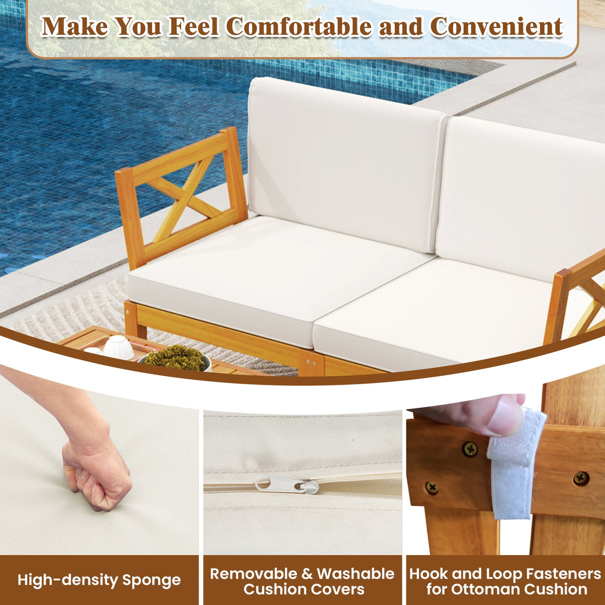 5 Pieces Acacia Wood Patio Set with 2-Tier Coffee Table and Cushions