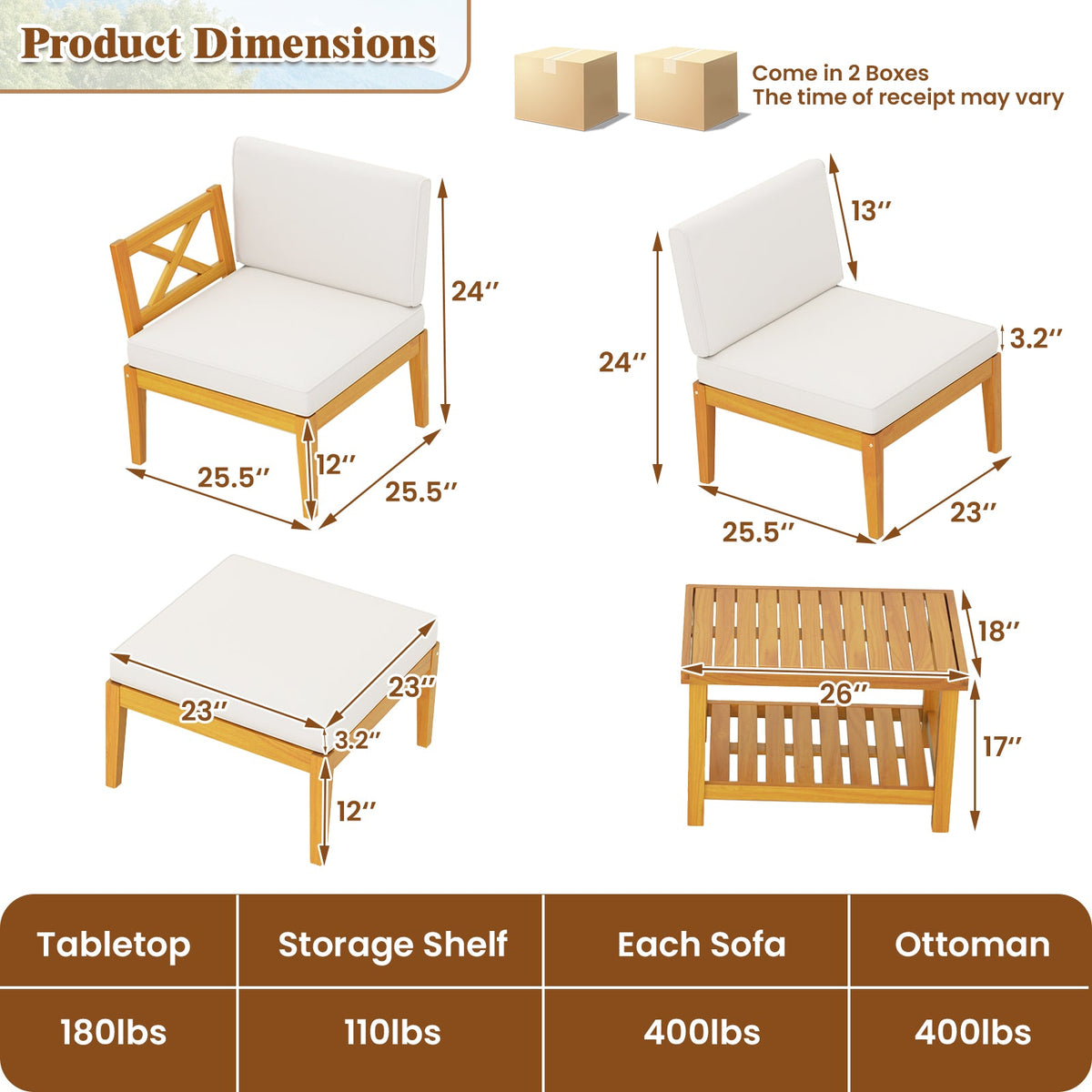 5 Pieces Acacia Wood Patio Set with 2-Tier Coffee Table and Cushions