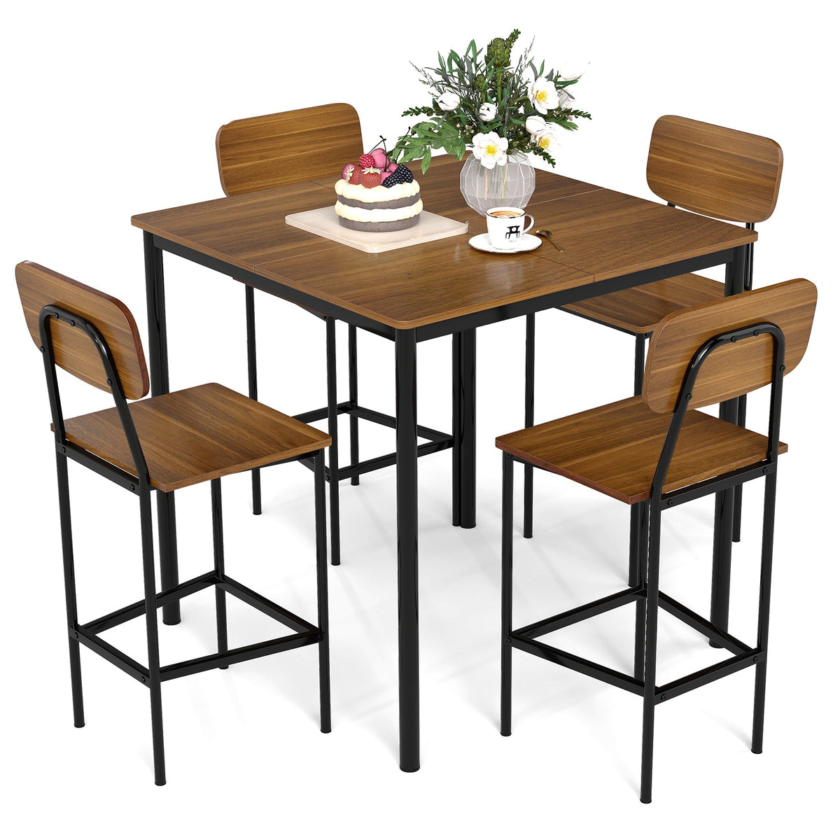5 Pieces Dining Table Set with Counter Height Table and 4 Bar Stools