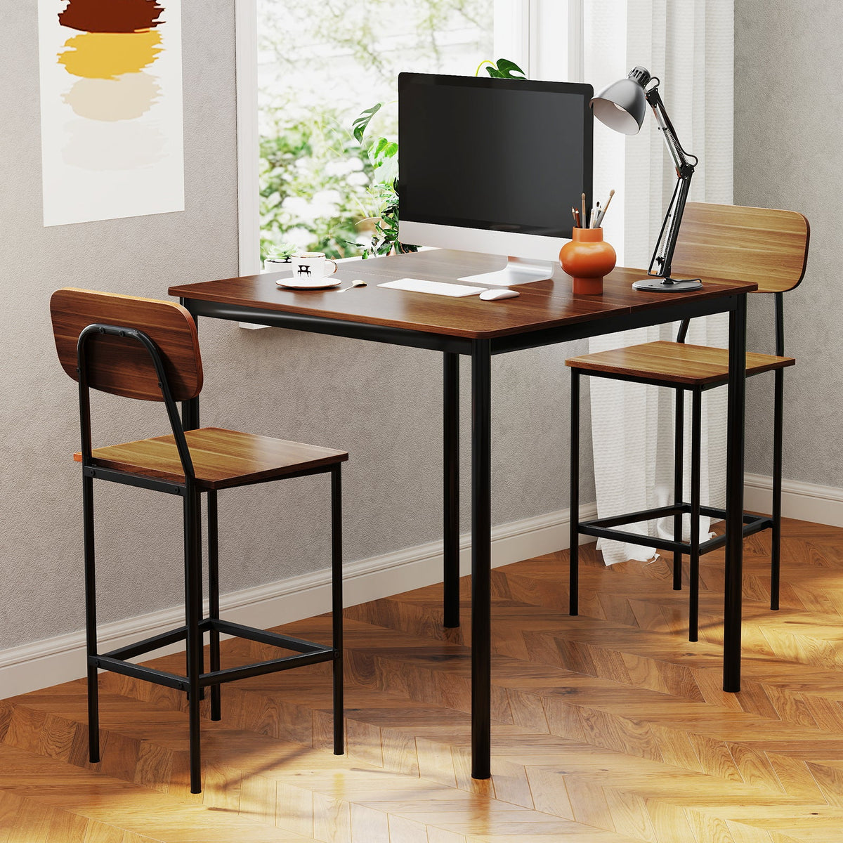 5 Pieces Dining Table Set with Counter Height Table and 4 Bar Stools