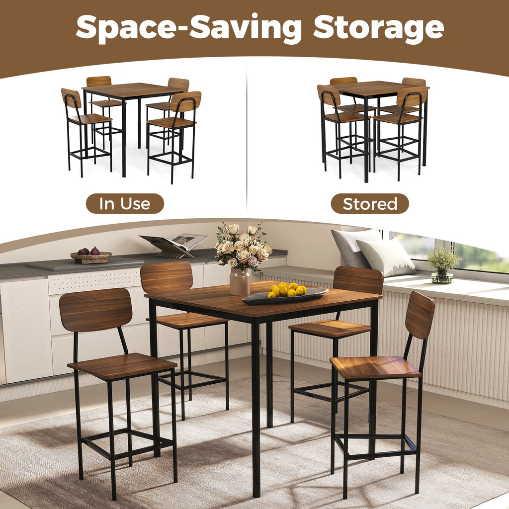 5 Pieces Dining Table Set with Counter Height Table and 4 Bar Stools