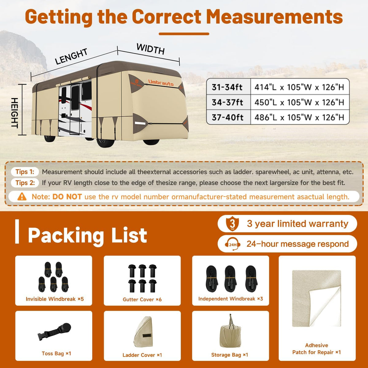 Umbrauto Class A RV Cover Upgraded Heavy Duty 7 Layers Top Windproof Breathable