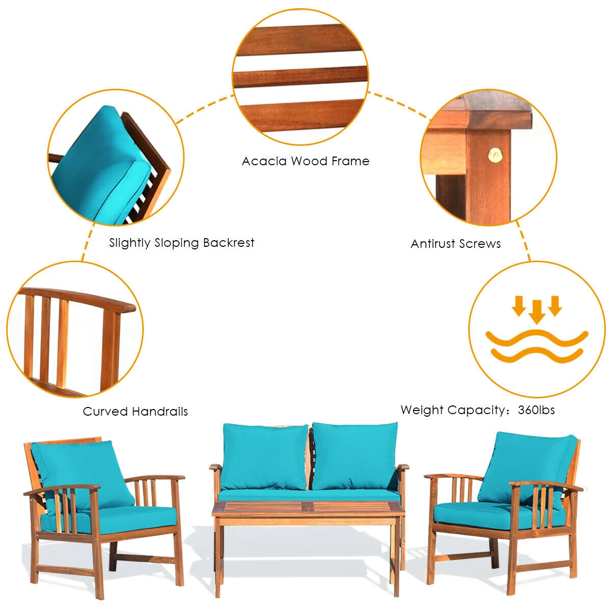 4 Pcs Wooden Patio Set Table Sofa Chair