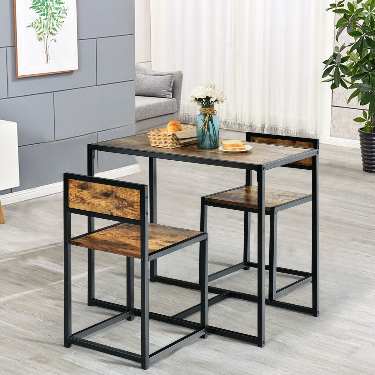 3 Pcs Dining Set Compact Table and 2 Chair with Metal Frame