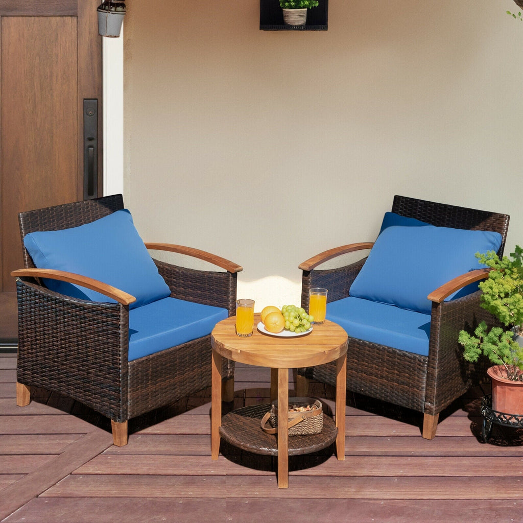 3 Pieces Patio Rattan Set with Washable Cushion and Acacia Tabletop