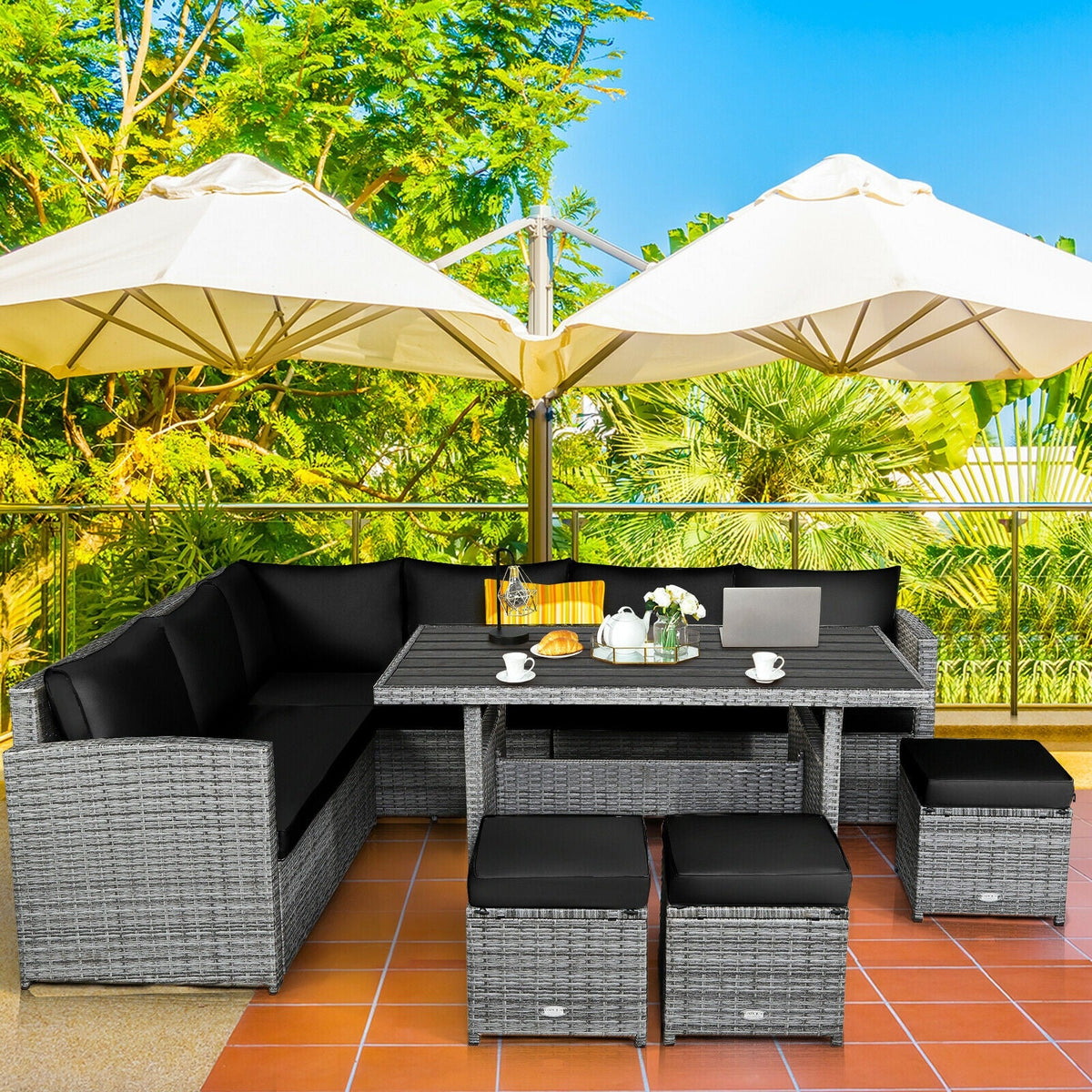 7 Pieces Patio Rattan Dining Sectional Sofa Set with Wicker Ottoman