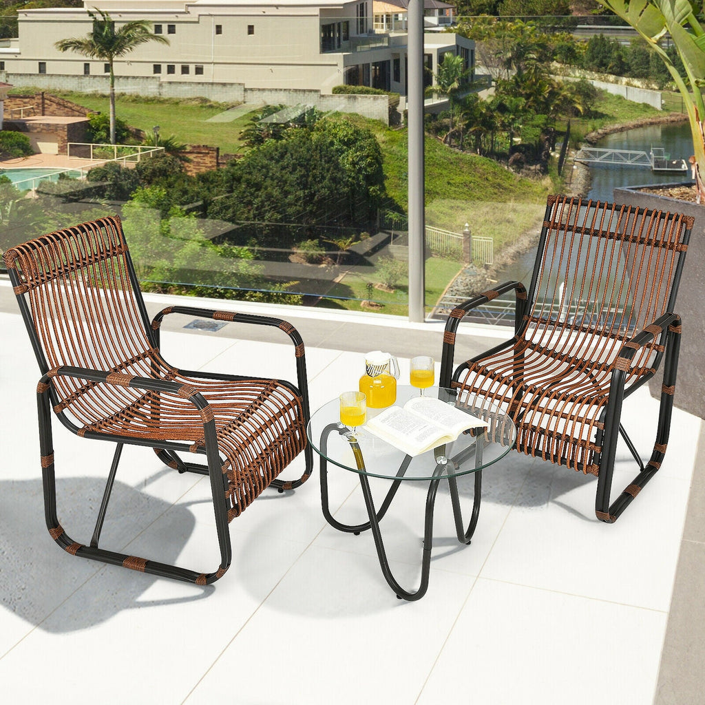 3 Pieces Patio Rattan Set with 2 Single Wicker Chairs and Glass Side Table