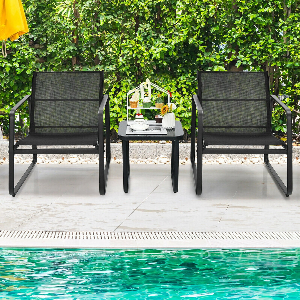 3 Pieces Patio Set with Glass Top Table Garden Deck-Black