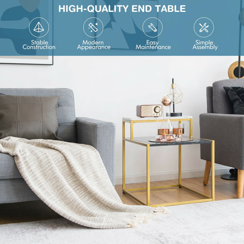 2 Tier End Side Table with  Metal Frame and Storage Shelf