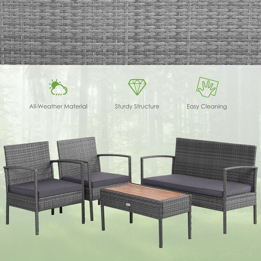 4 Pieces Rattan Patio Conversation Set with Acacia Wood Tabletop