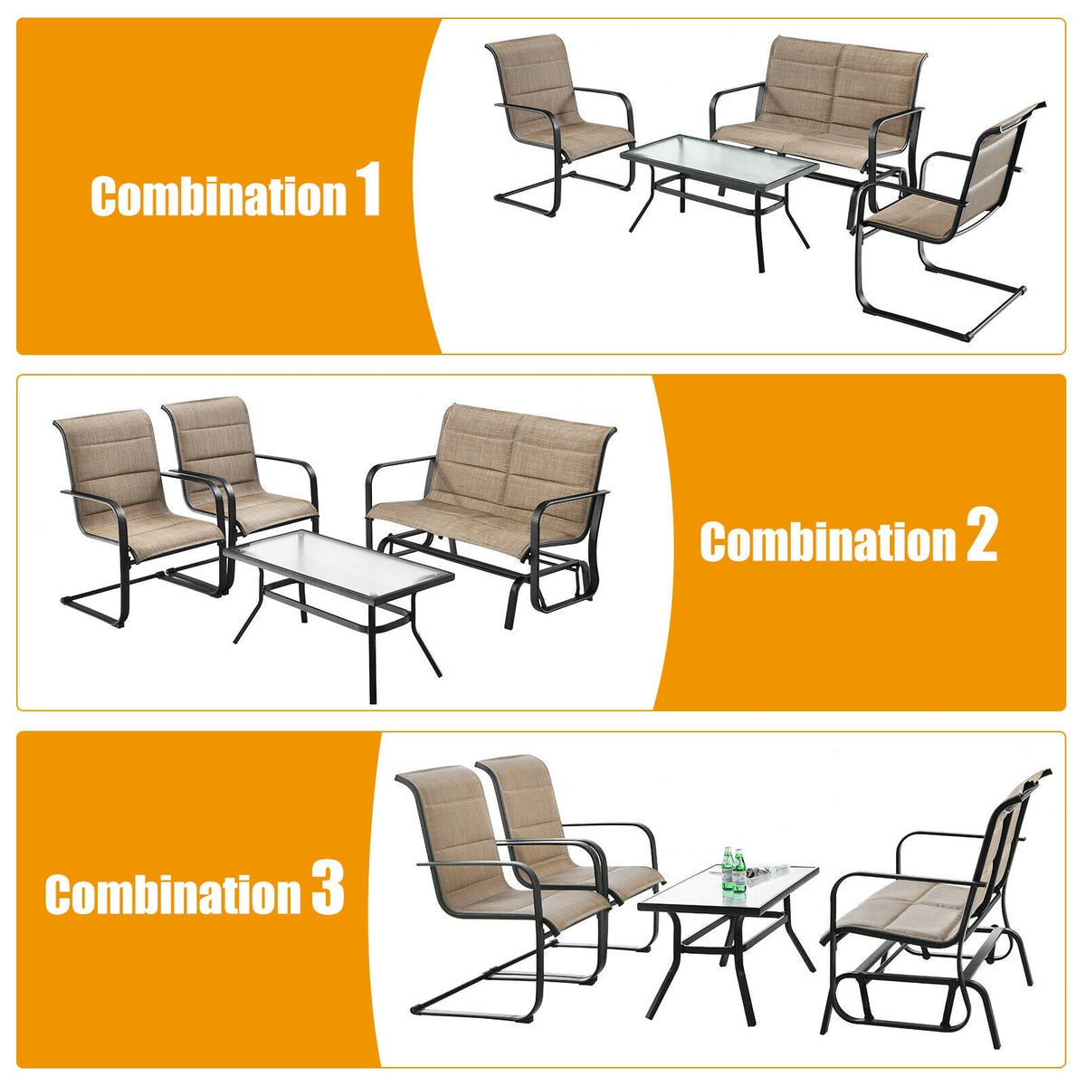 4 Pieces Patio Set with Padded Glider Loveseat and Coffee Table-Brown