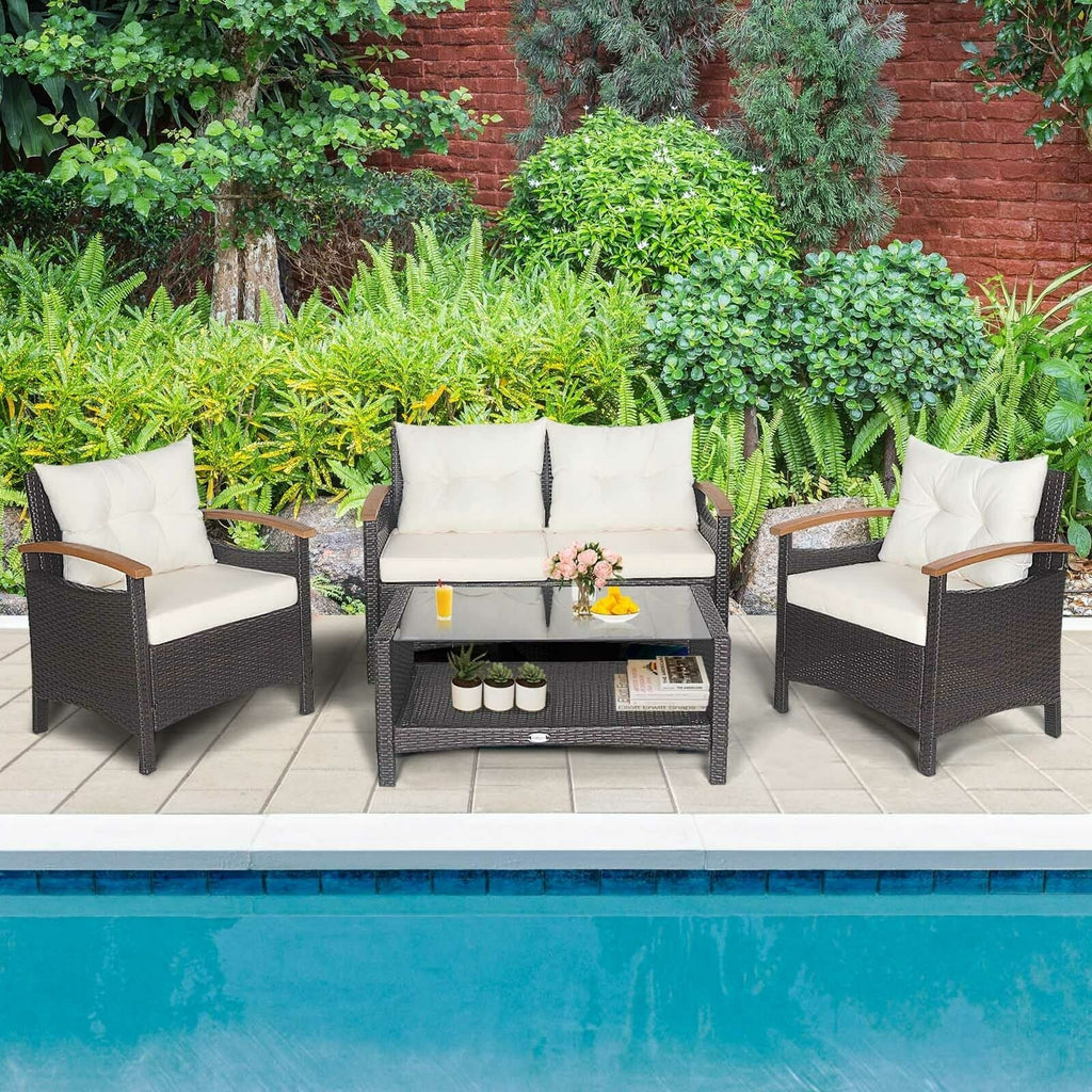 4 Pieces Patio Rattan Set with Cushioned Sofa and Storage Table