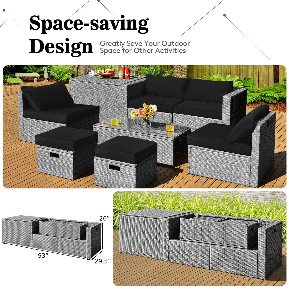 8 Pieces Patio Rattan Set with Storage Waterproof Cover and Cushion