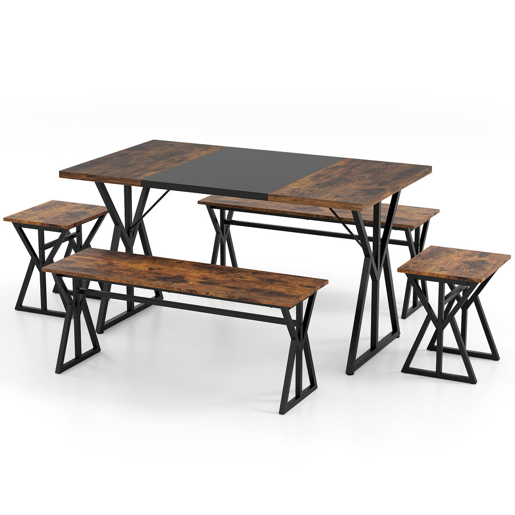 5-Piece Dining Room Set with 2 Benches and 2 Stools-Rustic Brown