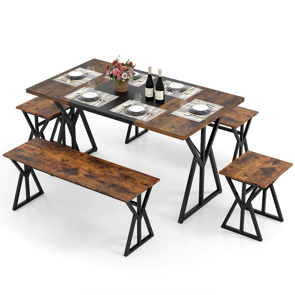 5-Piece Dining Room Set with 2 Benches and 2 Stools-Rustic Brown