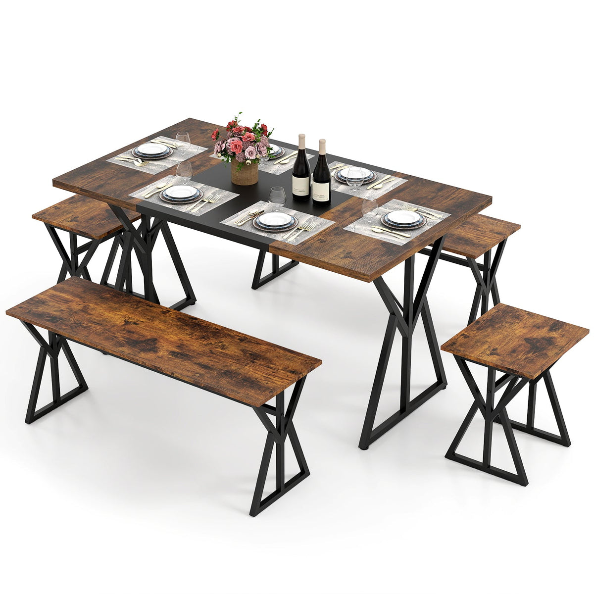 5-Piece Dining Room Set with 2 Benches and 2 Stools-Rustic Brown