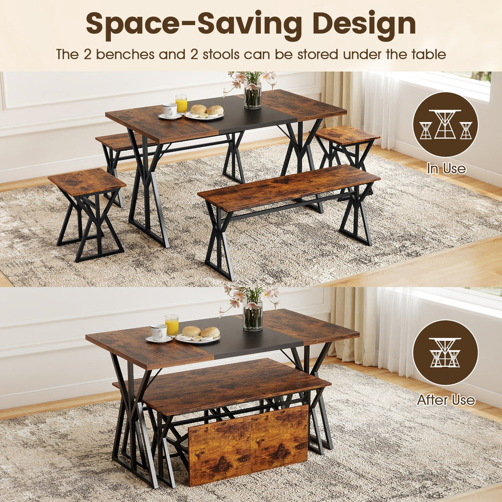 5-Piece Dining Room Set with 2 Benches and 2 Stools-Rustic Brown