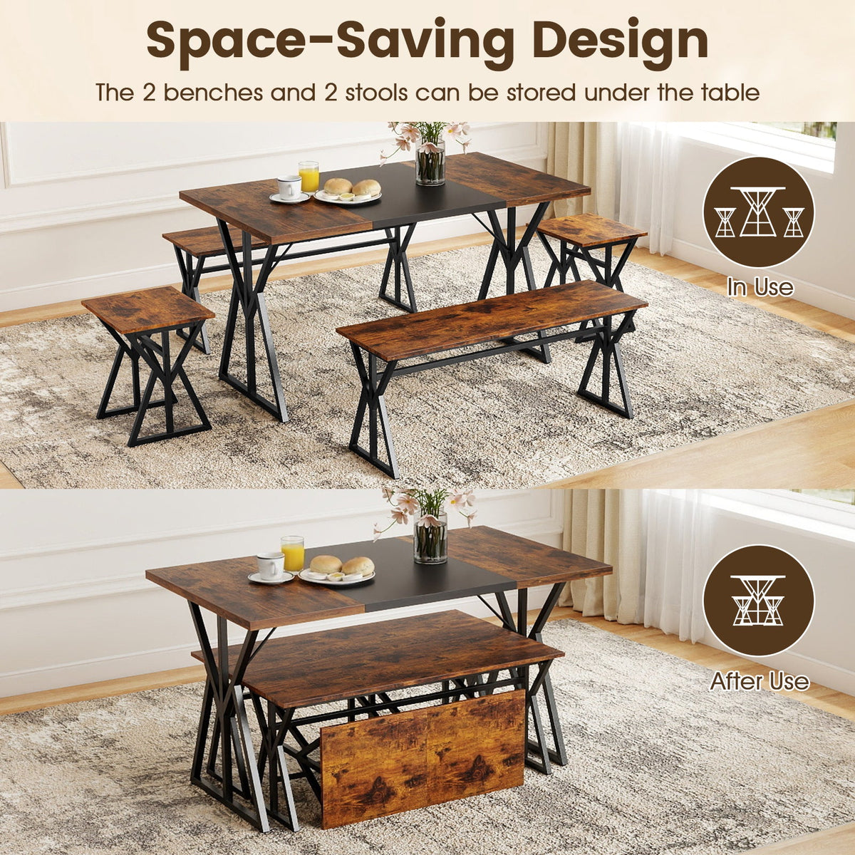 5-Piece Dining Room Set with 2 Benches and 2 Stools-Rustic Brown