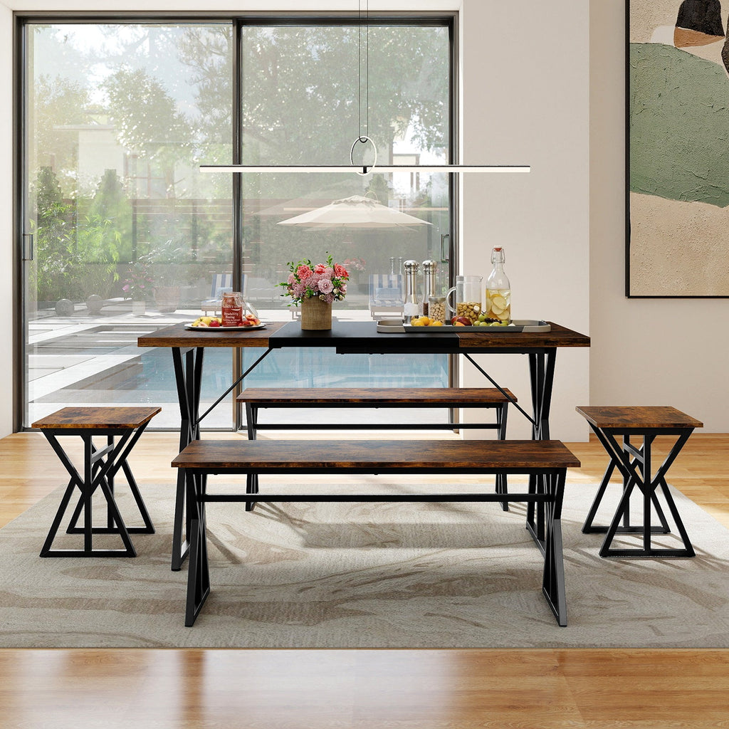 5-Piece Dining Room Set with 2 Benches and 2 Stools-Rustic Brown