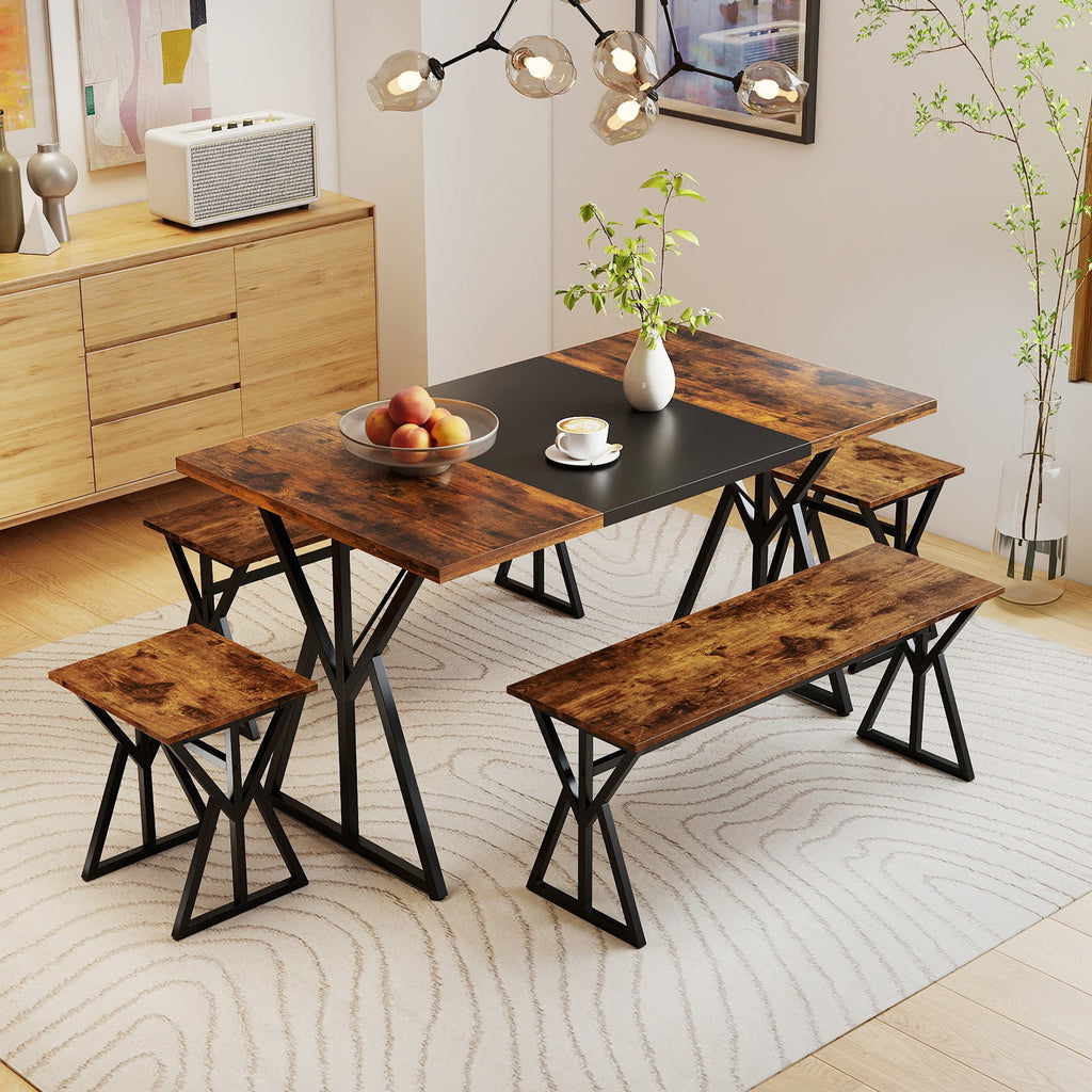 5-Piece Dining Room Set with 2 Benches and 2 Stools-Rustic Brown