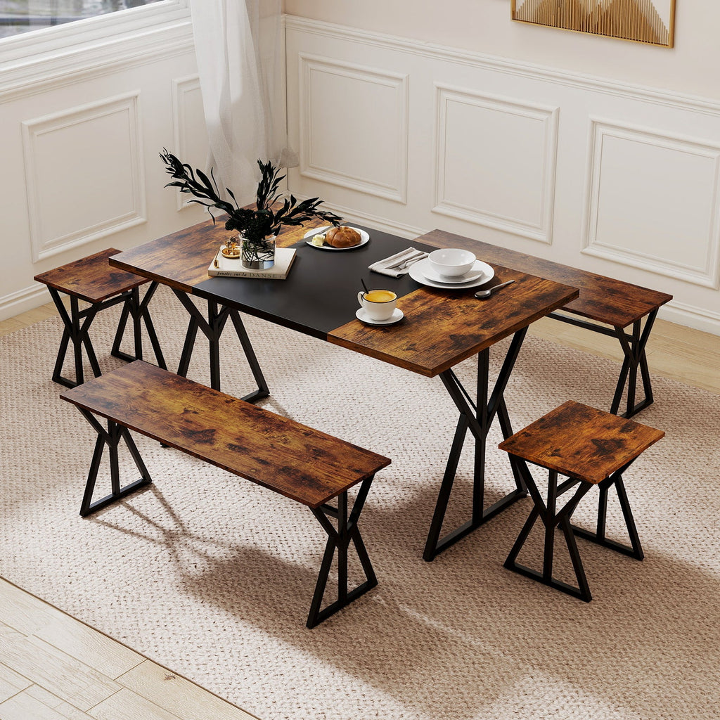 5-Piece Dining Room Set with 2 Benches and 2 Stools-Rustic Brown