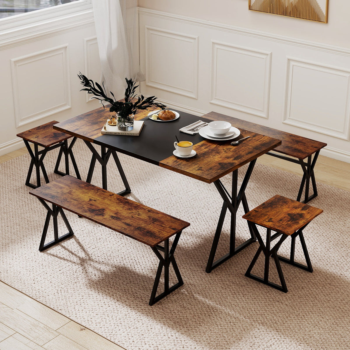 5-Piece Dining Room Set with 2 Benches and 2 Stools-Rustic Brown