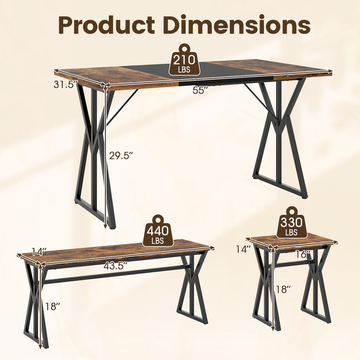 5-Piece Dining Room Set with 2 Benches and 2 Stools-Rustic Brown