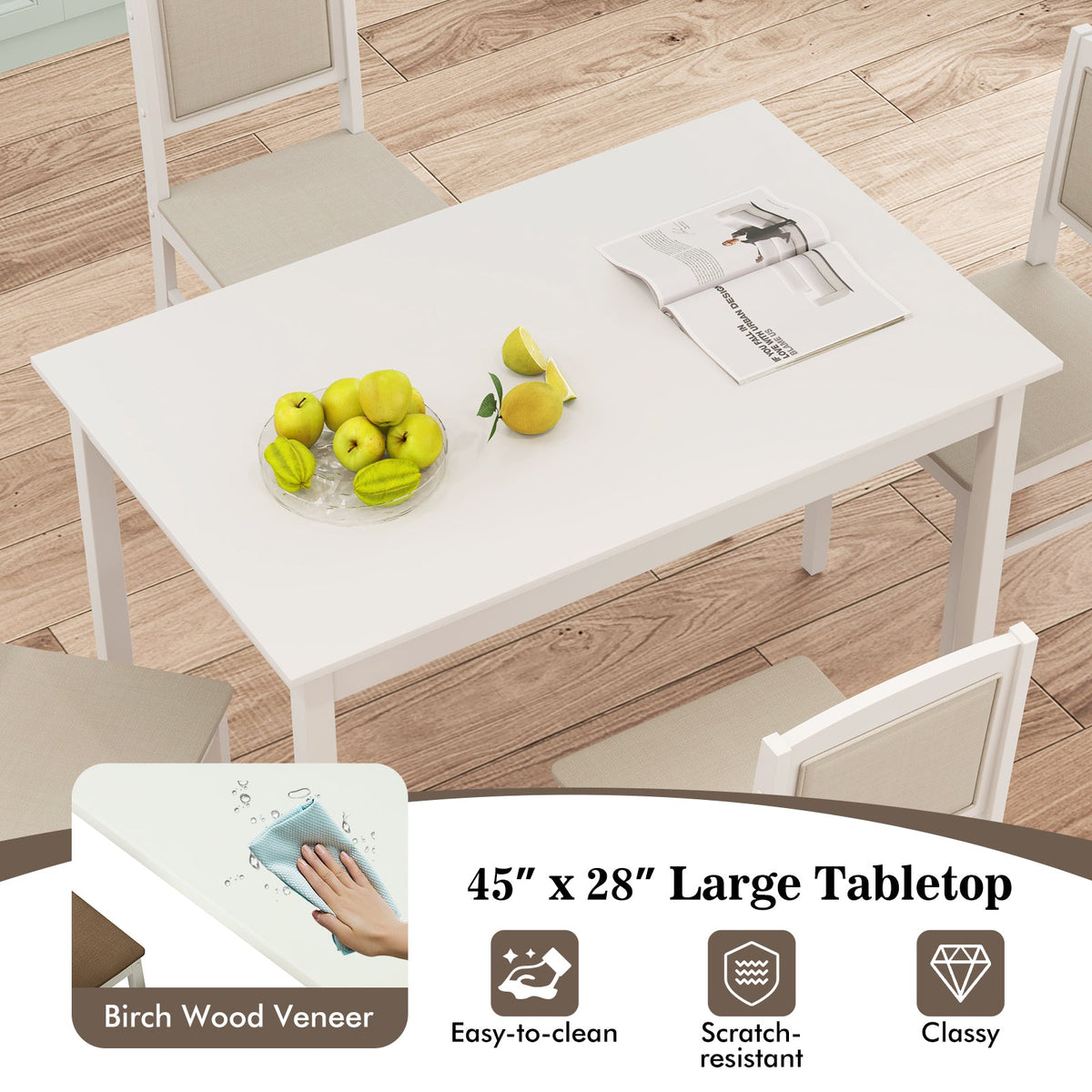 5-Piece Dining Set for 4 with Rubber Wood Legs