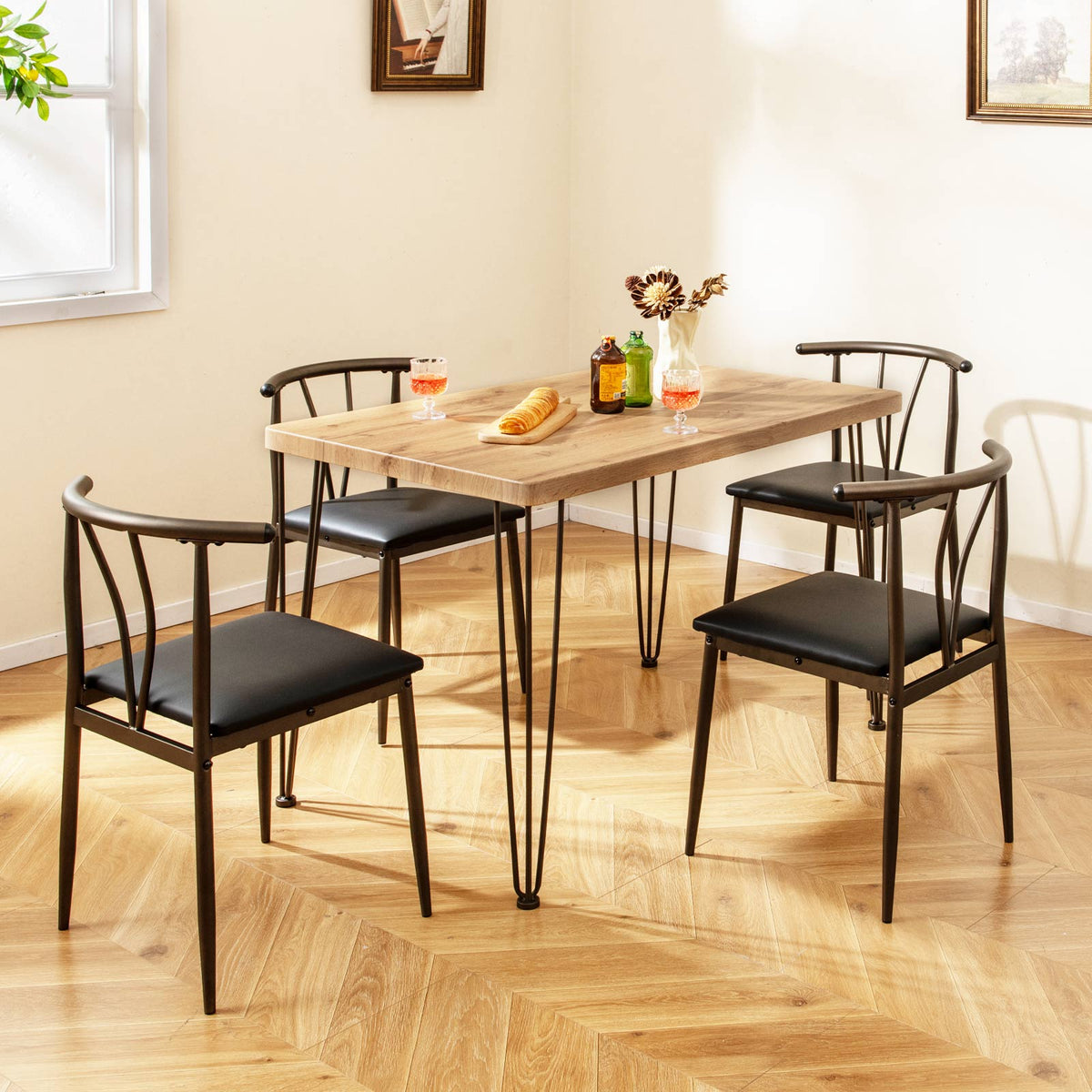 5-Piece Dining Table Set with 4 Armless Chairs-Black