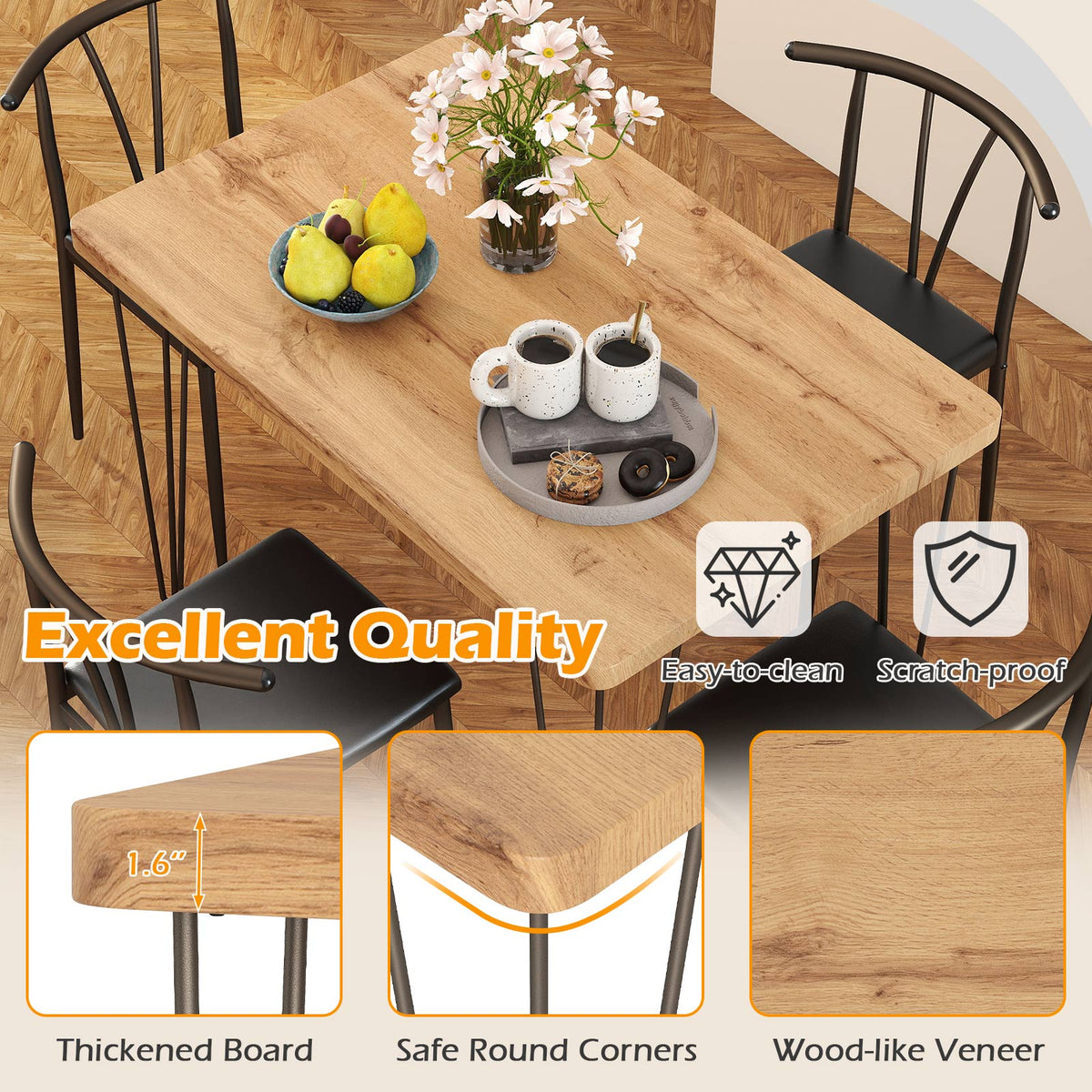 5-Piece Dining Table Set with 4 Armless Chairs-Black