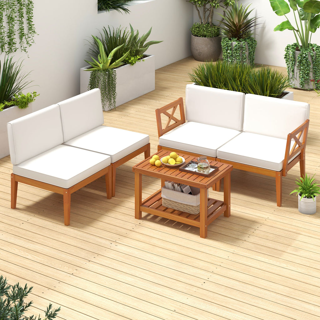 5 Pieces Acacia Wood Patio Set, Sectional Conversation Set, Cushions
