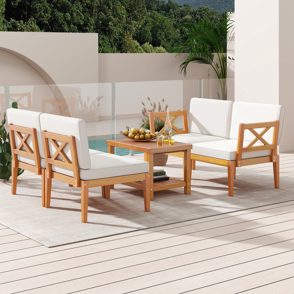 5 Pieces Acacia Wood Patio Set, Sectional Conversation Set, Cushions
