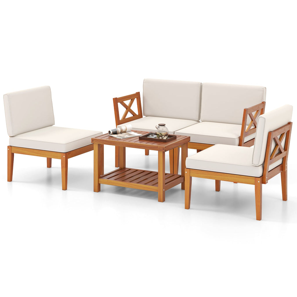 5 Pieces Acacia Wood Patio Set, Sectional Conversation Set, Cushions