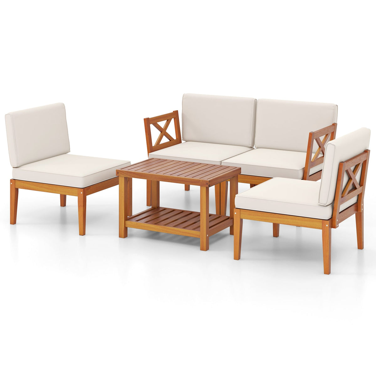 5 Pieces Acacia Wood Patio Set, Sectional Conversation Set, Cushions