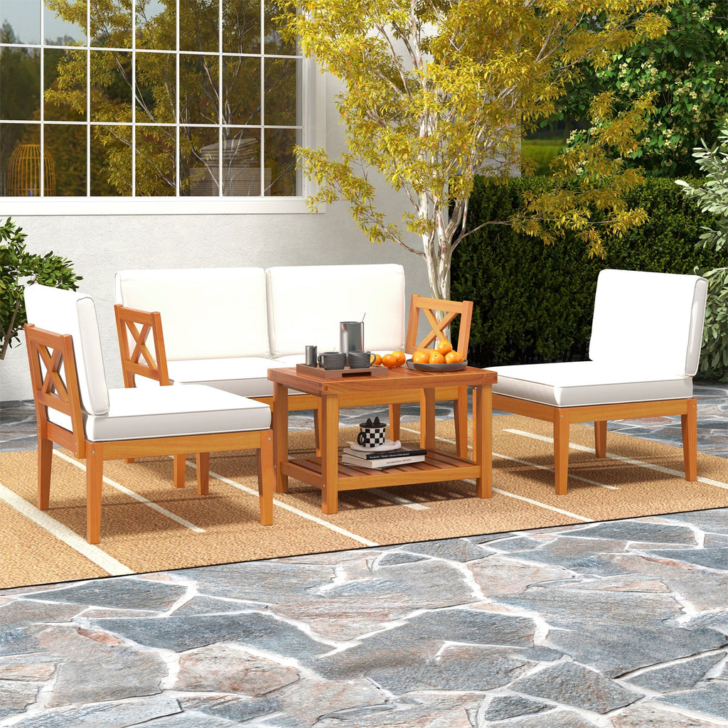 5 Pieces Acacia Wood Patio Set, Sectional Conversation Set, Cushions