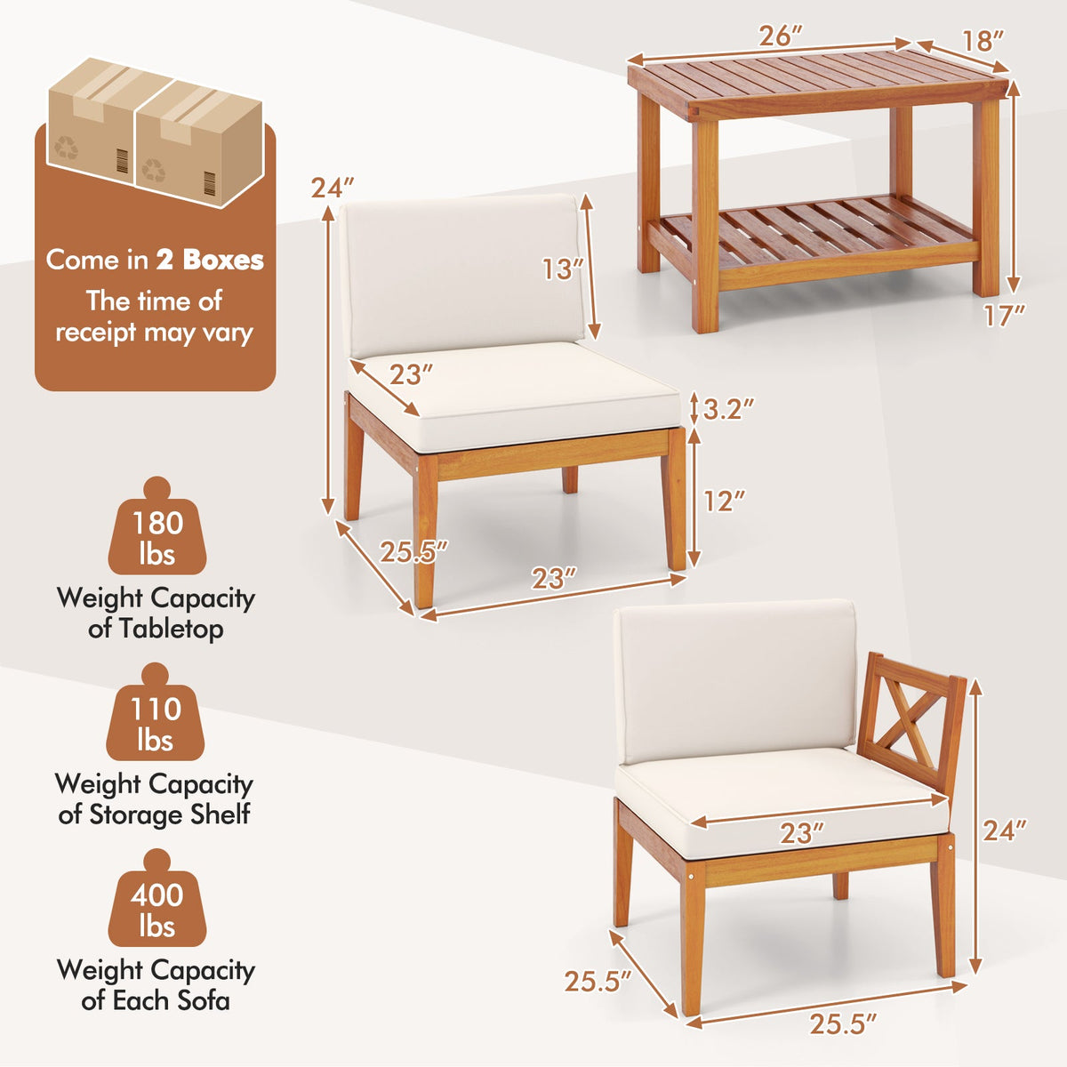 5 Pieces Acacia Wood Patio Set, Sectional Conversation Set, Cushions
