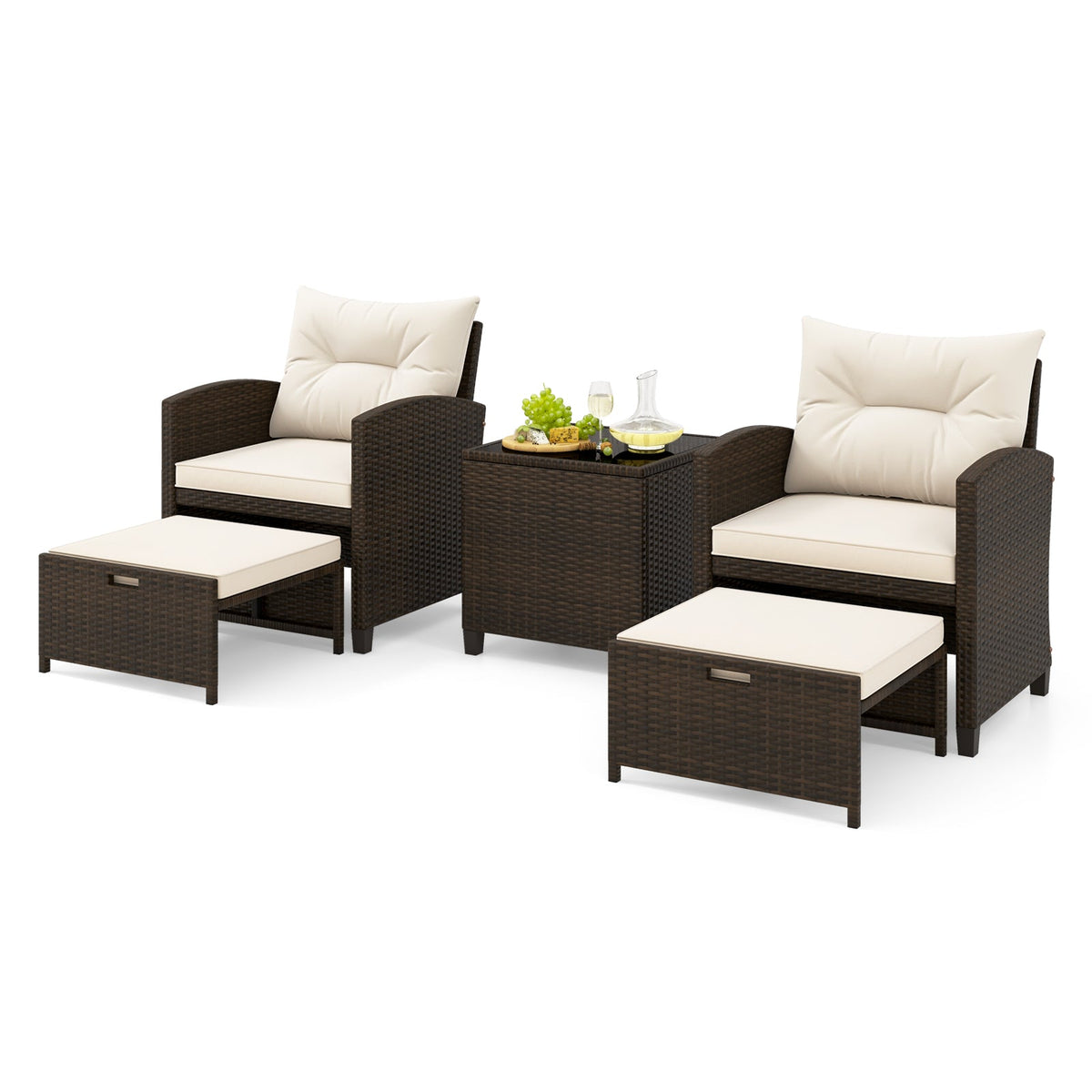 5 Pieces Patio Rattan Furniture, 2 Ottomans, Tempered Glass Coffee Table