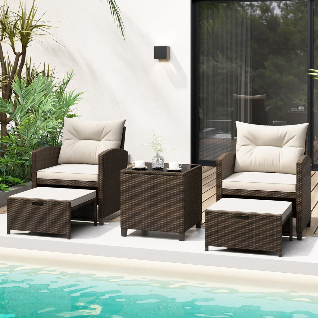 5 Pieces Patio Rattan Furniture, 2 Ottomans, Tempered Glass Coffee Table