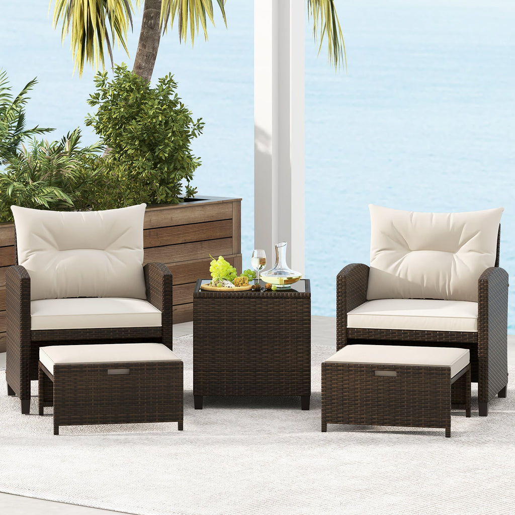 5 Pieces Patio Rattan Furniture, 2 Ottomans, Tempered Glass Coffee Table